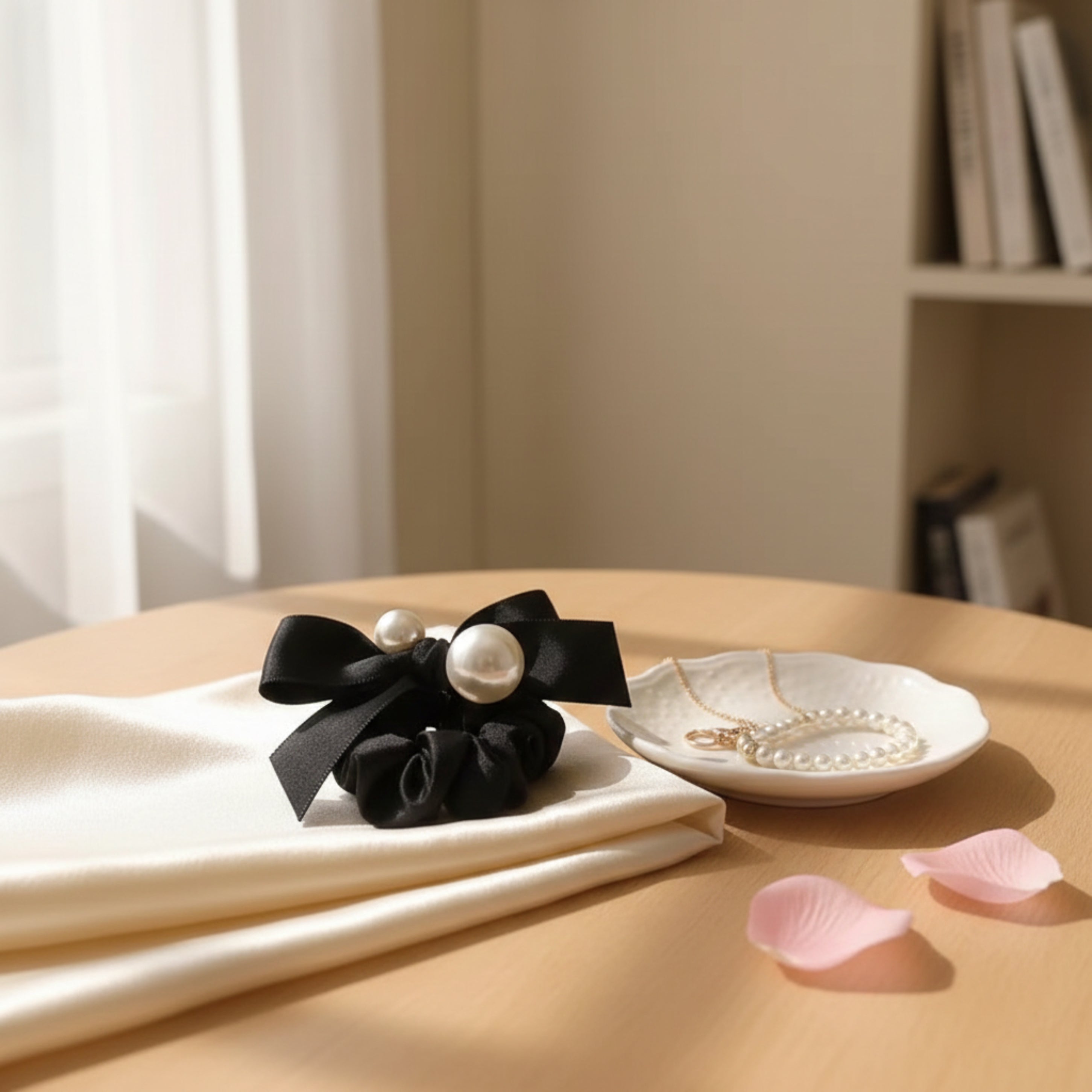 Elegant Bow & Pearl Silk Scrunchie