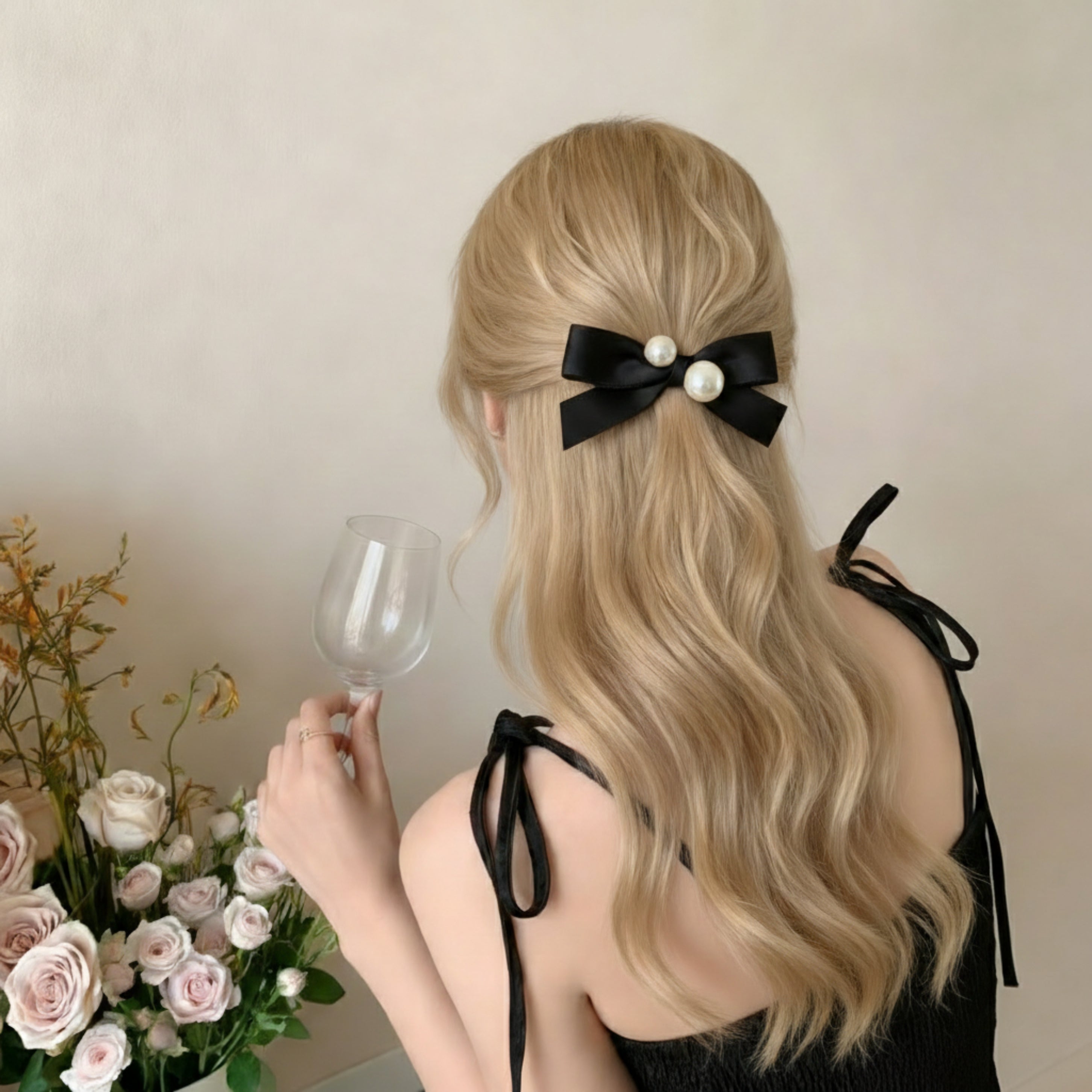 Elegant Bow & Pearl Silk Scrunchie