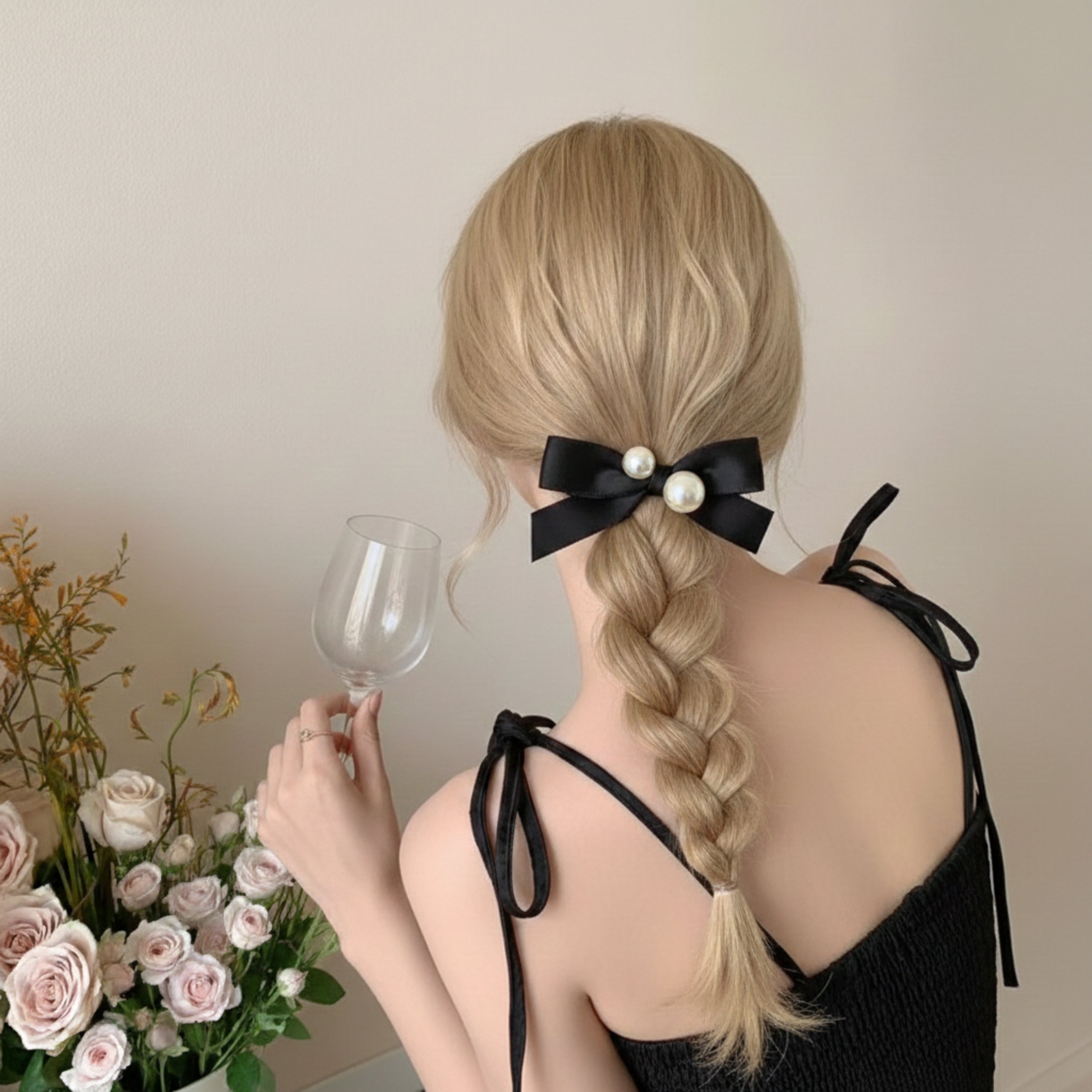 Elegant Bow & Pearl Silk Scrunchie