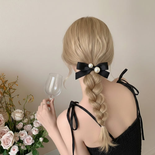 Elegant Bow & Pearl Silk Scrunchie