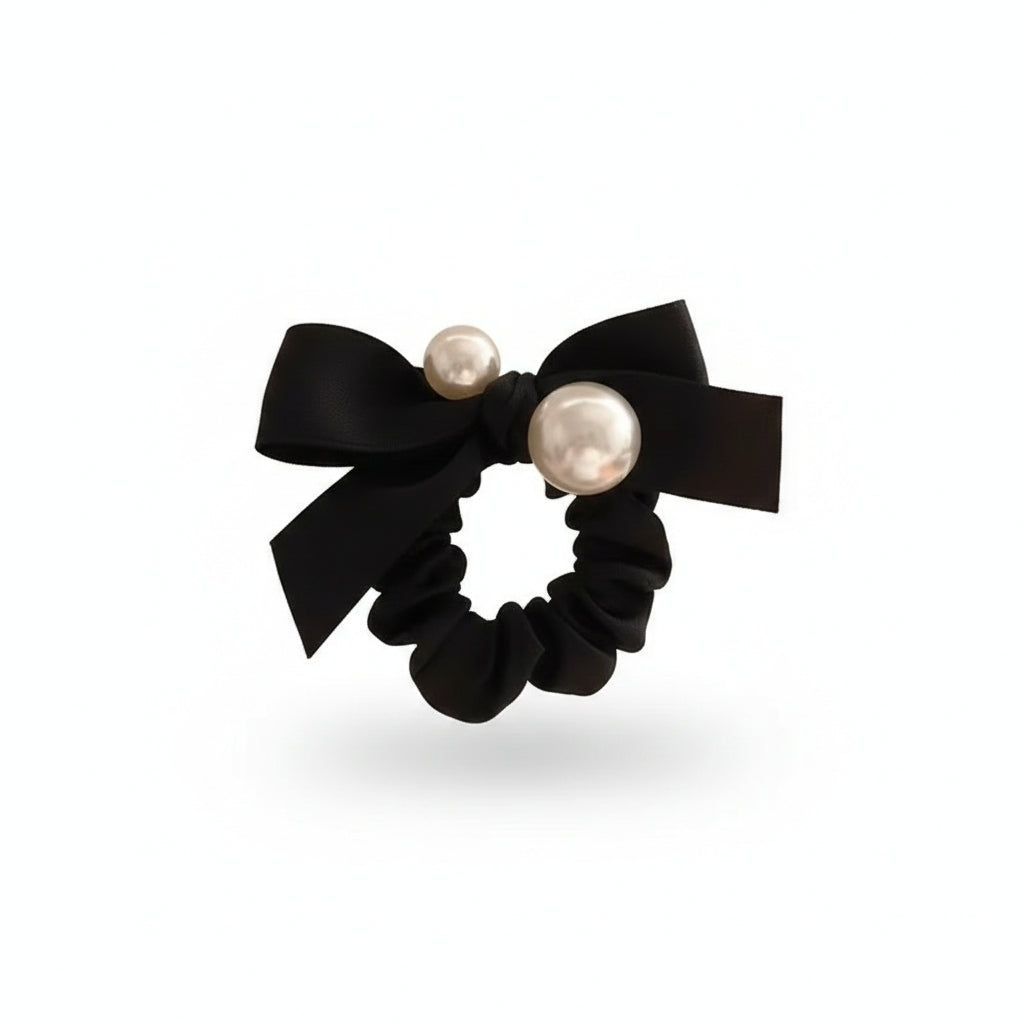 Elegant Bow & Pearl Silk Scrunchie